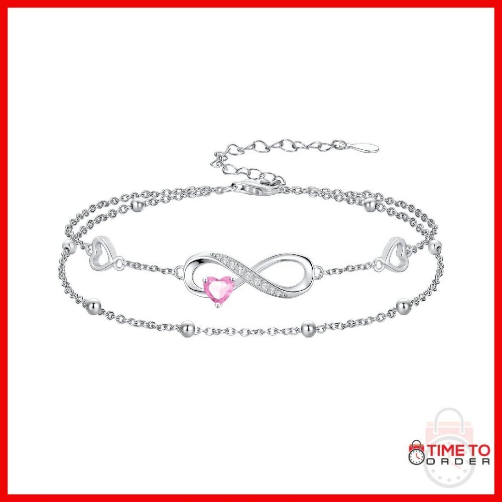 Sterling Silver Adjustable Infinity Heart Anklet Birthstone Jewelry Gift